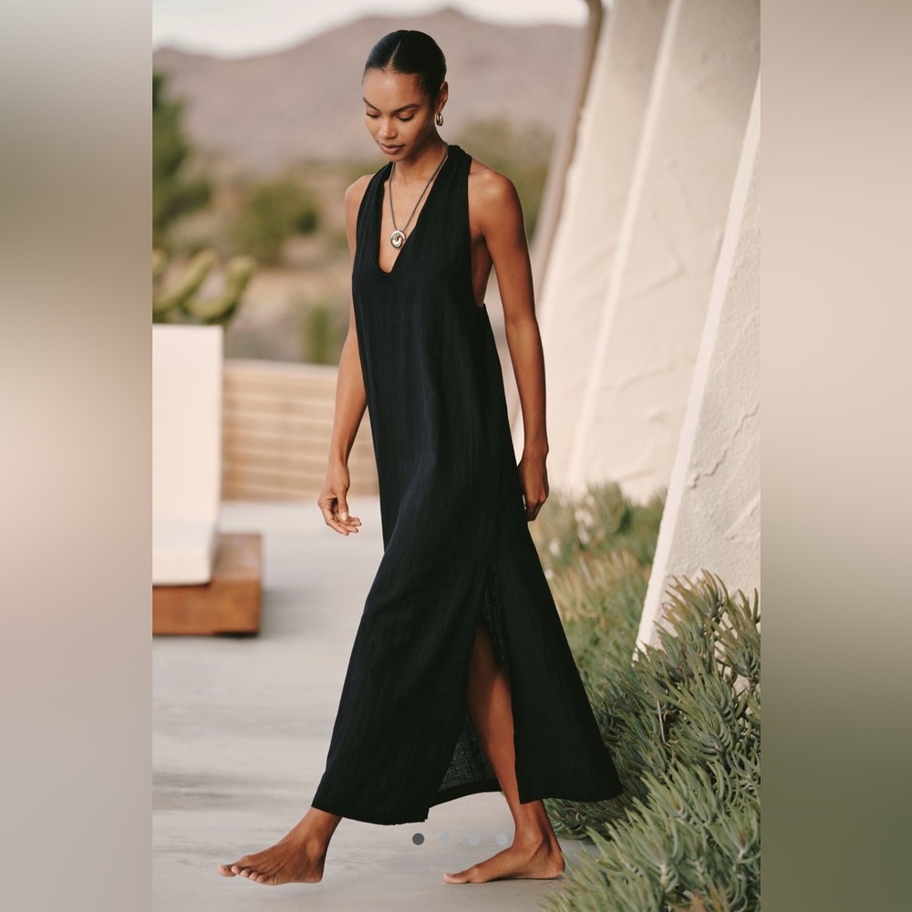 Anthropologie- Sanctuary V-Neck Twist Cotton Linen Maxi Dress in Black, Size XS